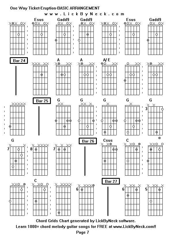 Chord Grids Chart of chord melody fingerstyle guitar song-One Way Ticket-Eruption-BASIC ARRANGEMENT,generated by LickByNeck software.